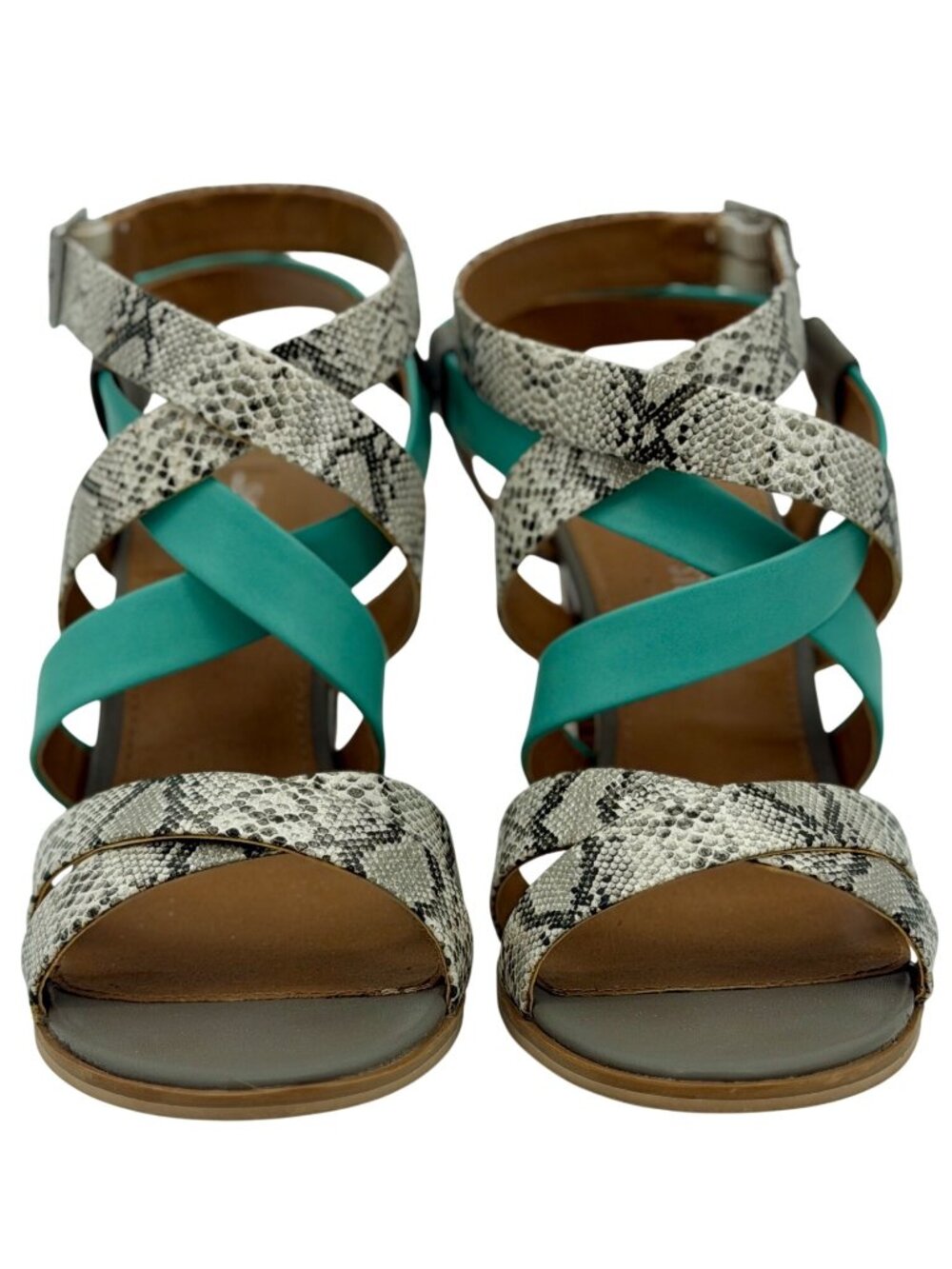 Leila Stone Seafoam Green Snake Print Strappy Heeled Sandals 9.5 | Indie Sleaze - Picture 2 of 16